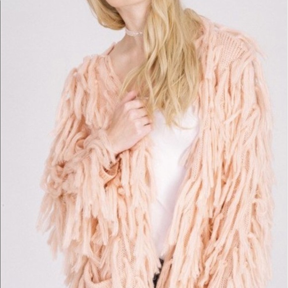 Sweaters - Fringe Sweater Cardigan- BLUSH